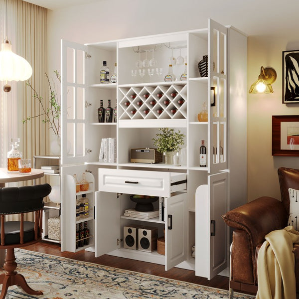 English Elm U_style 72 Inch Freestanding Bar Cabinet with App LED Lighting and Wine Storage White WY000555AAK