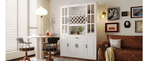 English Elm U_style 72 Inch Freestanding Bar Cabinet with App LED Lighting and Wine Storage White WY000555AAK