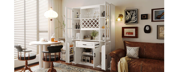 English Elm U_style 72 Inch Freestanding Bar Cabinet with App LED Lighting and Wine Storage White WY000555AAK