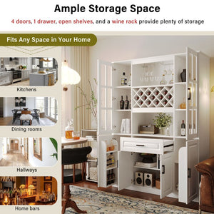 English Elm U_style 72 Inch Freestanding Bar Cabinet with App LED Lighting and Wine Storage White WY000555AAK