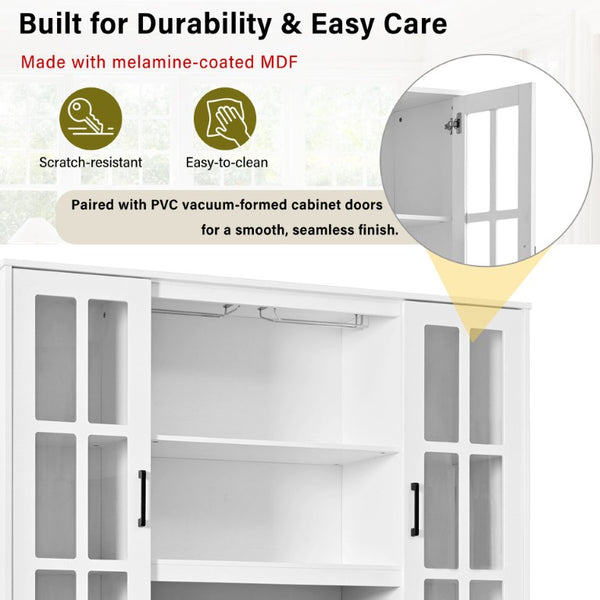 English Elm U_style 72 Inch Freestanding Bar Cabinet with App LED Lighting and Wine Storage White WY000555AAK