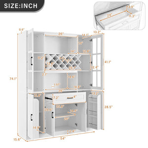 English Elm U_style 72 Inch Freestanding Bar Cabinet with App LED Lighting and Wine Storage White WY000555AAK