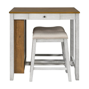 English Elm 36 Inch Farmhouse Bar Table Set with Power Outlet Open Shelves and Padded Stools WY000556AAD