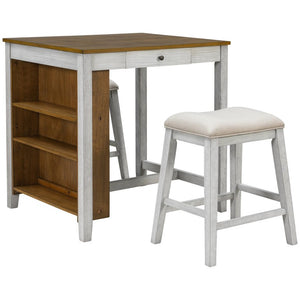 English Elm 36 Inch Farmhouse Bar Table Set with Power Outlet Open Shelves and Padded Stools WY000556AAD