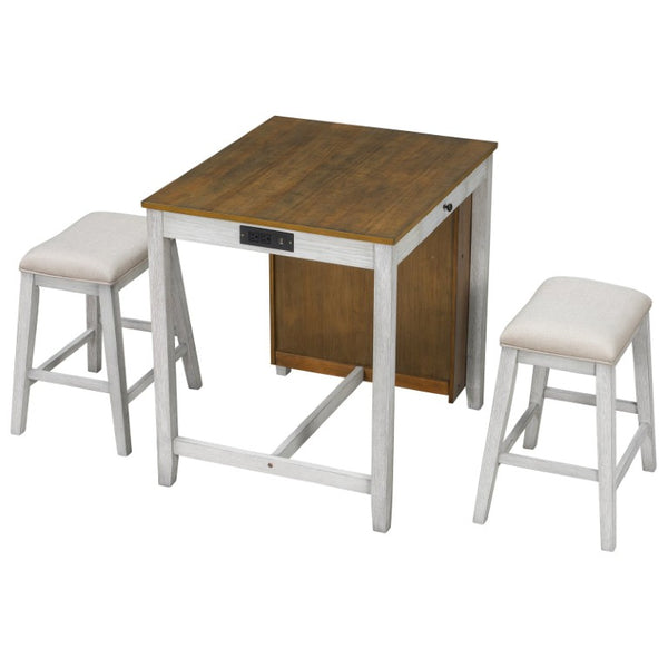 English Elm 36 Inch Farmhouse Bar Table Set with Power Outlet Open Shelves and Padded Stools WY000556AAD