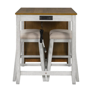 English Elm 36 Inch Farmhouse Bar Table Set with Power Outlet Open Shelves and Padded Stools WY000556AAD