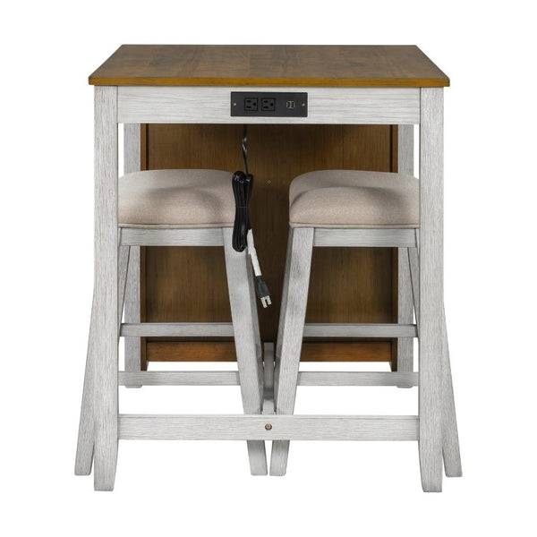 English Elm 36 Inch Farmhouse Bar Table Set with Power Outlet Open Shelves and Padded Stools WY000556AAD