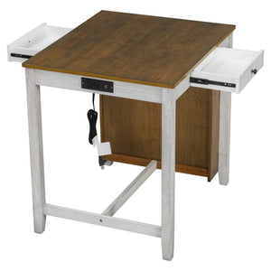 English Elm 36 Inch Farmhouse Bar Table Set with Power Outlet Open Shelves and Padded Stools WY000556AAD