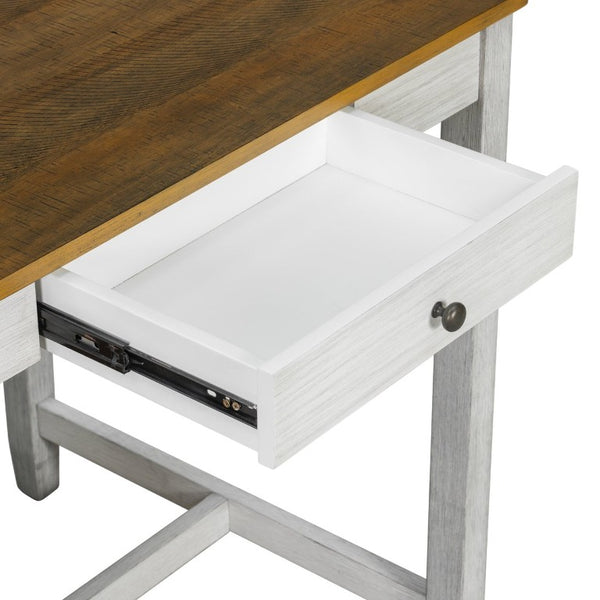 English Elm 36 Inch Farmhouse Bar Table Set with Power Outlet Open Shelves and Padded Stools WY000556AAD
