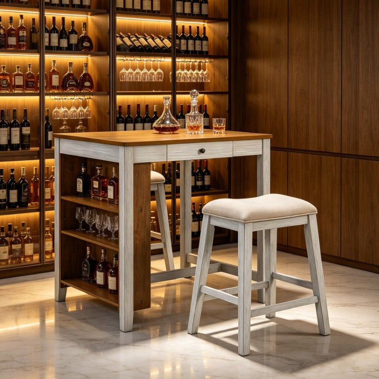 English Elm 36 Inch Farmhouse Bar Table Set with Power Outlet Open Shelves and Padded Stools WY000556AAD