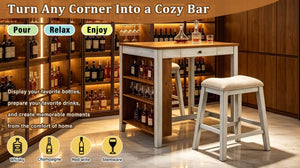 English Elm 36 Inch Farmhouse Bar Table Set with Power Outlet Open Shelves and Padded Stools WY000556AAD