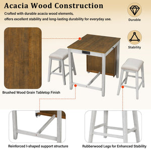 English Elm 36 Inch Farmhouse Bar Table Set with Power Outlet Open Shelves and Padded Stools WY000556AAD