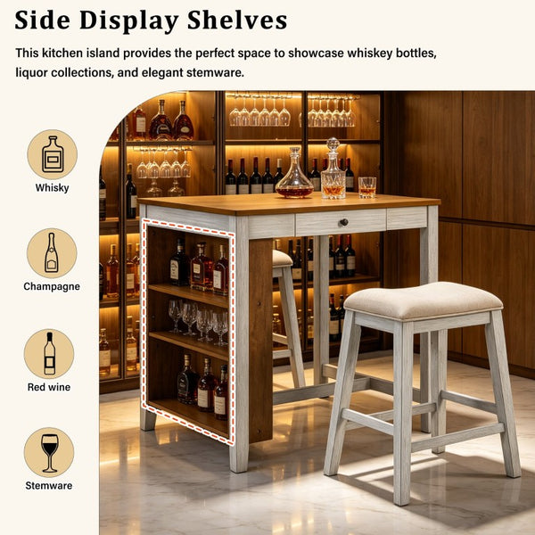 English Elm 36 Inch Farmhouse Bar Table Set with Power Outlet Open Shelves and Padded Stools WY000556AAD