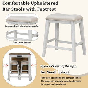 English Elm 36 Inch Farmhouse Bar Table Set with Power Outlet Open Shelves and Padded Stools WY000556AAD