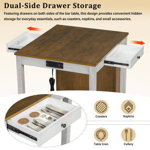 English Elm 36 Inch Farmhouse Bar Table Set with Power Outlet Open Shelves and Padded Stools WY000556AAD