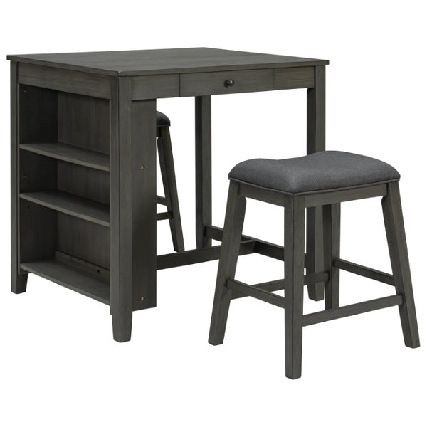 English Elm 36 Inch Industrial Bar Set with Built-In Power Outlet Open Shelving and Upholstered Stools WY000556AAE