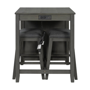 English Elm 36 Inch Industrial Bar Set with Built-In Power Outlet Open Shelving and Upholstered Stools WY000556AAE