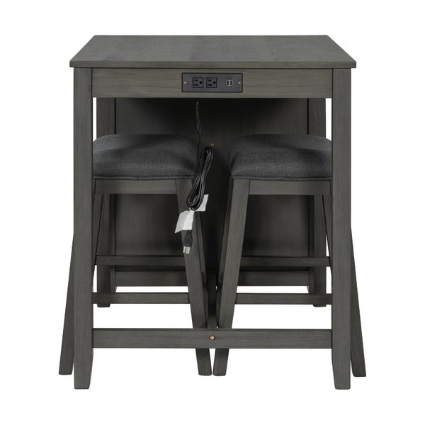 English Elm 36 Inch Industrial Bar Set with Built-In Power Outlet Open Shelving and Upholstered Stools WY000556AAE