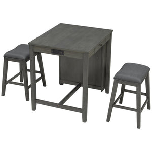 English Elm 36 Inch Industrial Bar Set with Built-In Power Outlet Open Shelving and Upholstered Stools WY000556AAE