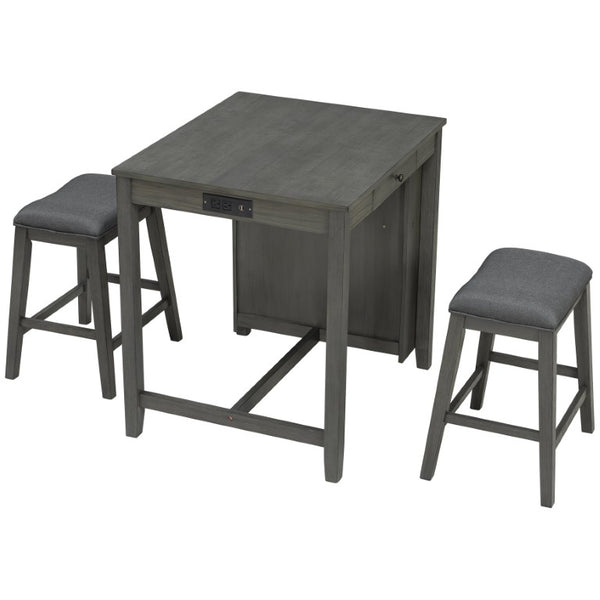 English Elm 36 Inch Industrial Bar Set with Built-In Power Outlet Open Shelving and Upholstered Stools WY000556AAE