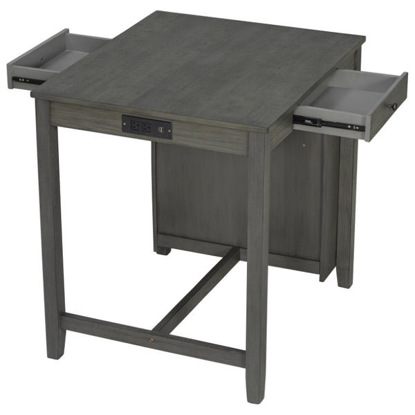 English Elm 36 Inch Industrial Bar Set with Built-In Power Outlet Open Shelving and Upholstered Stools WY000556AAE