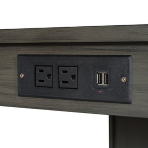 English Elm 36 Inch Industrial Bar Set with Built-In Power Outlet Open Shelving and Upholstered Stools WY000556AAE