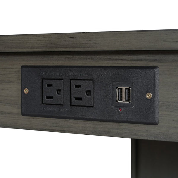 English Elm 36 Inch Industrial Bar Set with Built-In Power Outlet Open Shelving and Upholstered Stools WY000556AAE