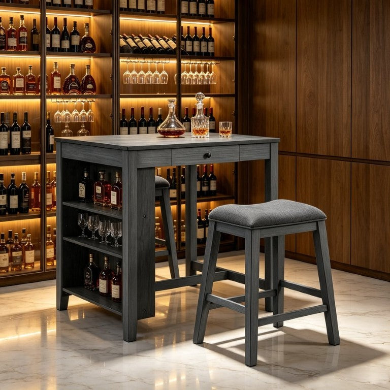 English Elm 36 Inch Industrial Bar Set with Built-In Power Outlet Open Shelving and Upholstered Stools WY000556AAE