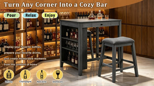 English Elm 36 Inch Industrial Bar Set with Built-In Power Outlet Open Shelving and Upholstered Stools WY000556AAE