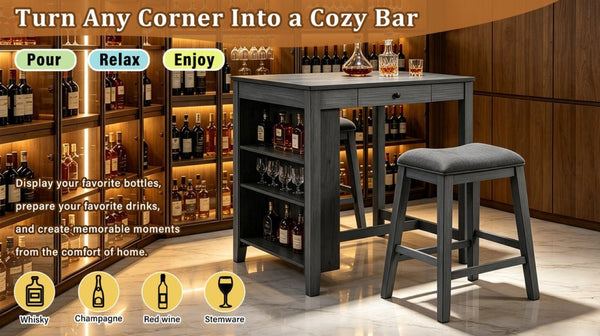 English Elm 36 Inch Industrial Bar Set with Built-In Power Outlet Open Shelving and Upholstered Stools WY000556AAE