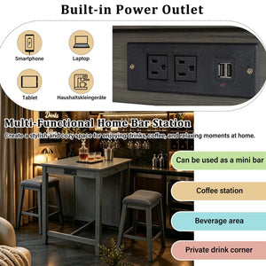 English Elm 36 Inch Industrial Bar Set with Built-In Power Outlet Open Shelving and Upholstered Stools WY000556AAE