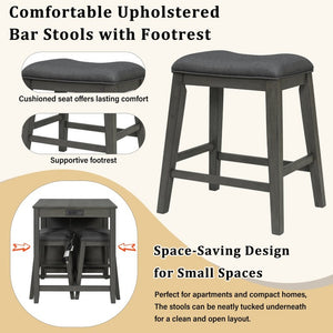English Elm 36 Inch Industrial Bar Set with Built-In Power Outlet Open Shelving and Upholstered Stools WY000556AAE