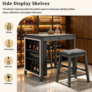 English Elm 36 Inch Industrial Bar Set with Built-In Power Outlet Open Shelving and Upholstered Stools WY000556AAE