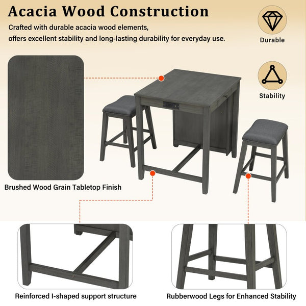 English Elm 36 Inch Industrial Bar Set with Built-In Power Outlet Open Shelving and Upholstered Stools WY000556AAE