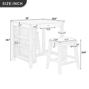 English Elm 36 Inch Industrial Bar Set with Built-In Power Outlet Open Shelving and Upholstered Stools WY000556AAE