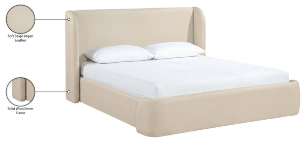 Meridian Furniture Warby Vegan Leather King Platform Bed with Winged Headboard for Modern Bedroom Decor Beige WarbyBeige-K
