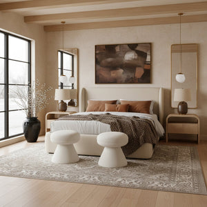 Meridian Furniture Warby Queen Platform Bed Winged Headboard Vegan Leather Upholstered Modern Bedroom Frame Beige WarbyBeige-Q