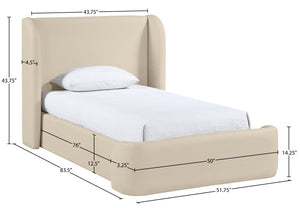 Meridian Furniture Warby Twin Platform Bed Winged Headboard Vegan Leather Upholstered Frame Modern Bedroom Beige WarbyBeige-T