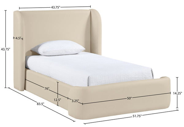 Meridian Furniture Warby Twin Platform Bed Winged Headboard Vegan Leather Upholstered Frame Modern Bedroom Beige WarbyBeige-T