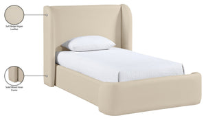 Meridian Furniture Warby Twin Platform Bed Winged Headboard Vegan Leather Upholstered Frame Modern Bedroom Beige WarbyBeige-T