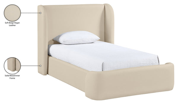 Meridian Furniture Warby Twin Platform Bed Winged Headboard Vegan Leather Upholstered Frame Modern Bedroom Beige WarbyBeige-T