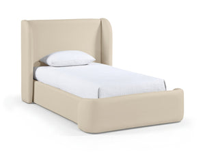 Meridian Furniture Warby Twin Platform Bed Winged Headboard Vegan Leather Upholstered Frame Modern Bedroom Beige WarbyBeige-T