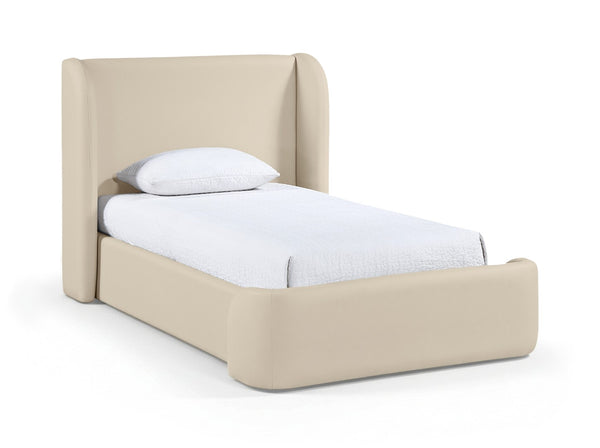 Meridian Furniture Warby Twin Platform Bed Winged Headboard Vegan Leather Upholstered Frame Modern Bedroom Beige WarbyBeige-T