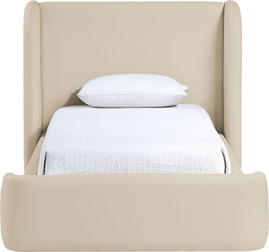 Meridian Furniture Warby Twin Platform Bed Winged Headboard Vegan Leather Upholstered Frame Modern Bedroom Beige WarbyBeige-T