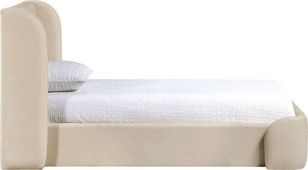 Meridian Furniture Warby Twin Platform Bed Winged Headboard Vegan Leather Upholstered Frame Modern Bedroom Beige WarbyBeige-T