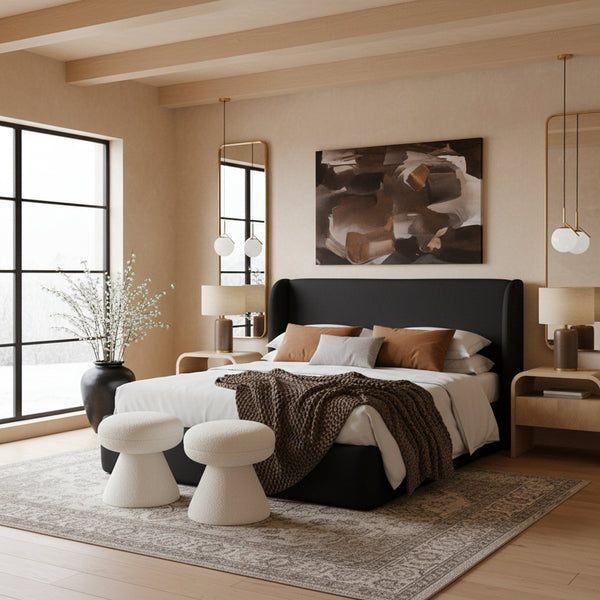 Meridian Furniture Warby Queen Platform Bed Winged Headboard Vegan Leather Upholstered Modern Bedroom Frame Black WarbyBlack-Q