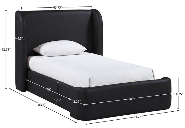 Meridian Furniture Warby Twin Platform Bed Winged Headboard Vegan Leather Upholstered Frame Modern Bedroom Black WarbyBlack-T