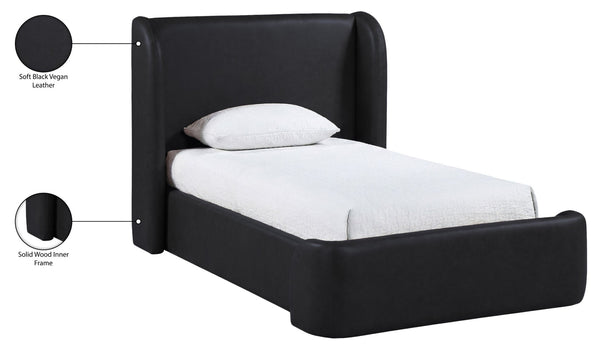 Meridian Furniture Warby Twin Platform Bed Winged Headboard Vegan Leather Upholstered Frame Modern Bedroom Black WarbyBlack-T