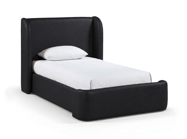 Meridian Furniture Warby Twin Platform Bed Winged Headboard Vegan Leather Upholstered Frame Modern Bedroom Black WarbyBlack-T