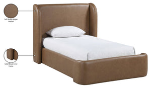Meridian Furniture Warby Twin Platform Bed Winged Headboard Vegan Leather Upholstered Frame Modern Bedroom Brown WarbyBrown-T